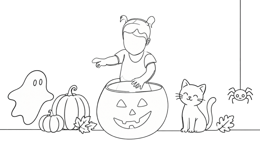 Illustration d'un enfant dans une citrouille géante entouré d'un fantôme et d'un chat, idées d'activités Halloween