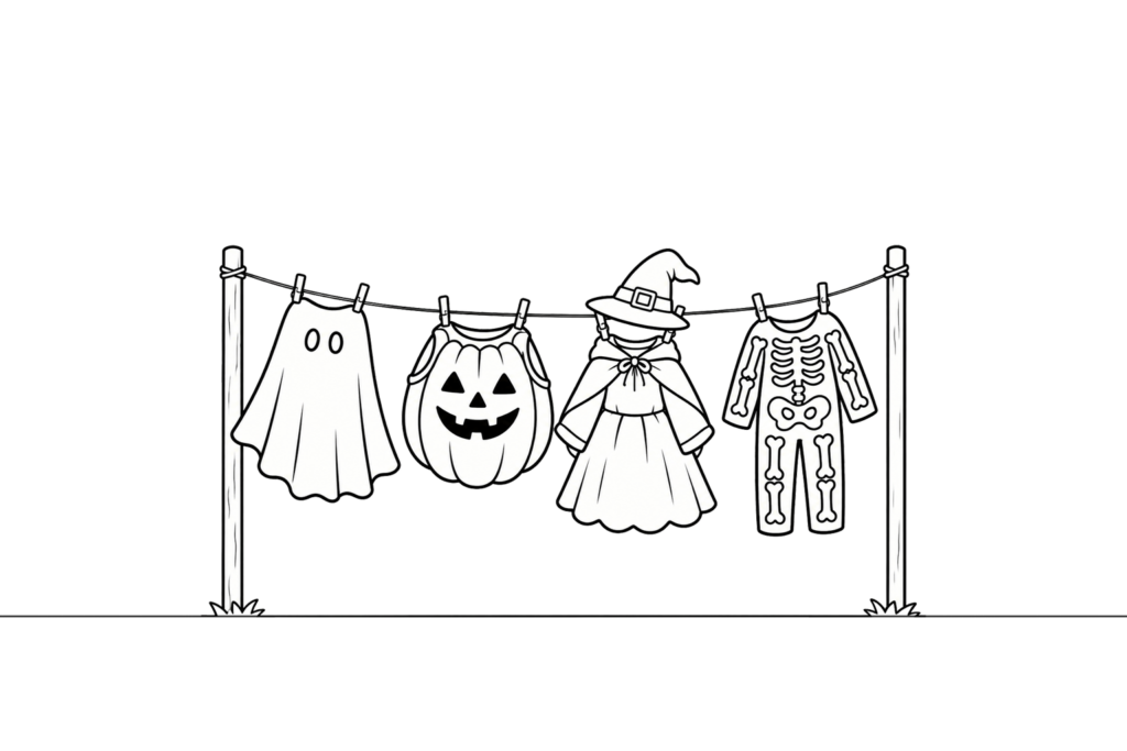 Illustration de déguisements d'Halloween pour enfants suspendus à un fil : fantôme, citrouille, sorcière et squelette