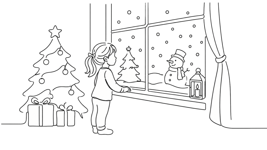 Illustration d'une enfant devant le sapin de Noël et ses cadeaux, regardant un bonhomme de neige par la fenêtre