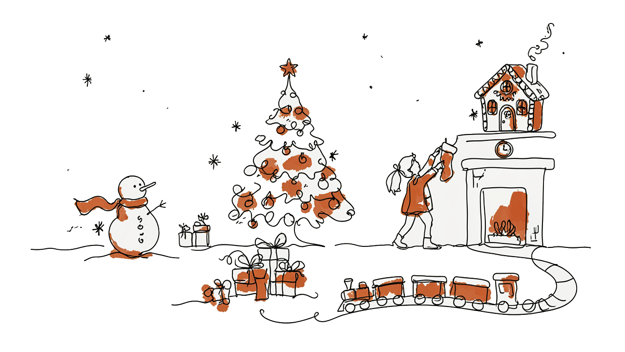 Illustration d'une enfant qui décore la cheminée pour Noël, avec sapin, cadeaux, maison en pain d'épices et bonhomme de neige