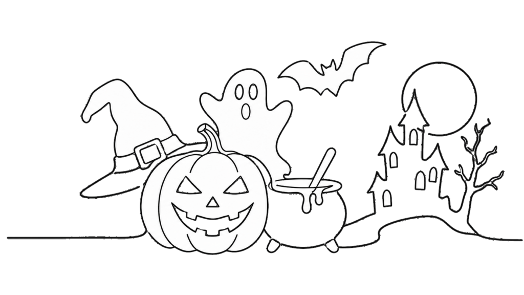 Illustration Halloween pour les vacances de la Toussaint : citrouille, chapeau de sorcière, fantôme et maison hantée