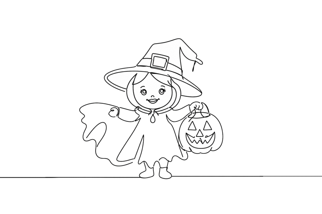 Illustration d'une enfant déguisée en sorcière tenant un seau citrouille pour la chasse aux bonbons d'Halloween
