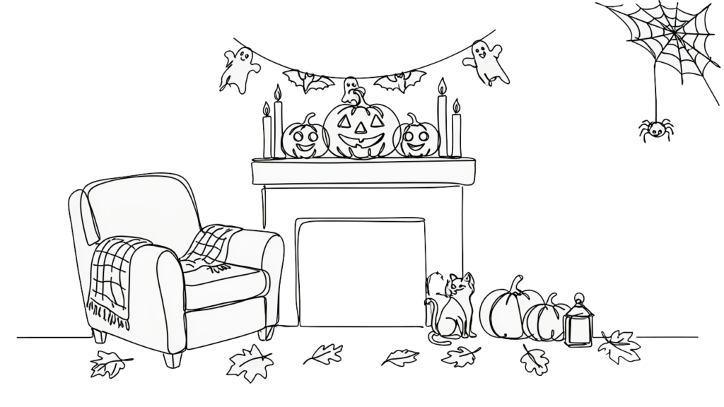 Illustration d'un salon décoré pour Halloween avec fauteuil et plaid, cheminée garnie de citrouilles et de bougies, guirlande et toile d'araignée