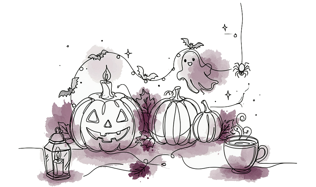 Illustration d'une déco Halloween chic : citrouilles, lanterne, bougie et tasse fantôme, avec chauves-souris et touches de violet