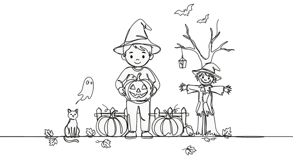 Illustration d'un enfant déguisé en sorcier tenant une citrouille dans un jardin d'Halloween, avec épouvantail, arbre nu, citrouilles et chat noir