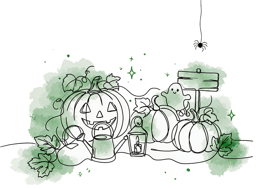 Illustration d'une citrouille sculptée entourée de feuillages verts, d'une lanterne et de courges dans un massif de jardin d'Halloween