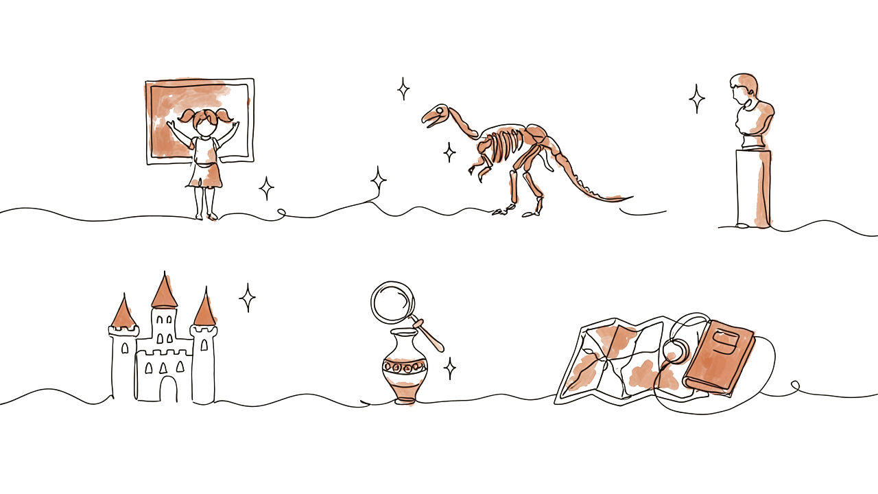 Illustration d'œuvres et d'objets à chercher au musée du Louvre : tableau, squelette de dinosaure, statue, château, vase et livres